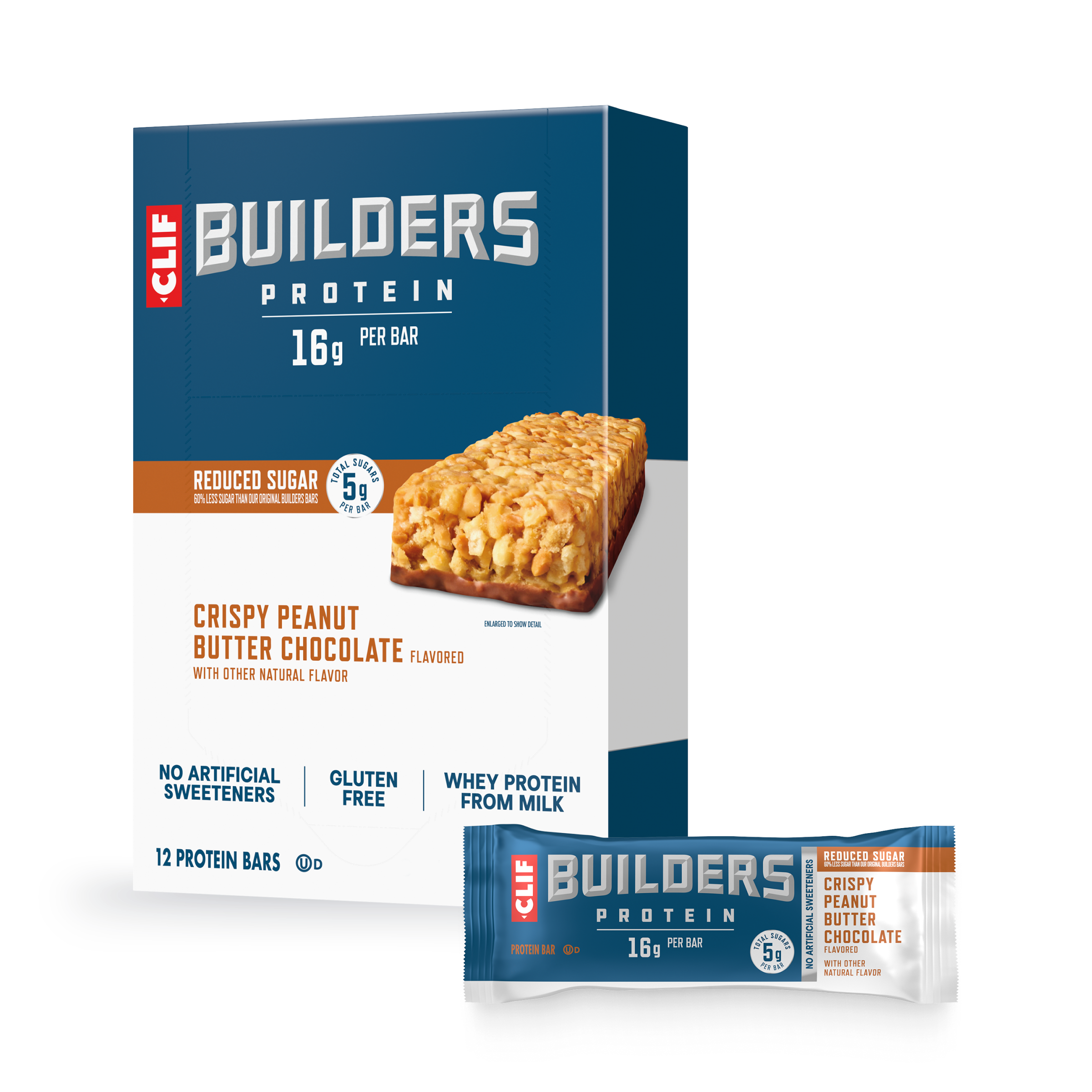 CLIF Crispy Peanut Butter Chocolate Flavored Protein Bar, Reduced Sugar E1